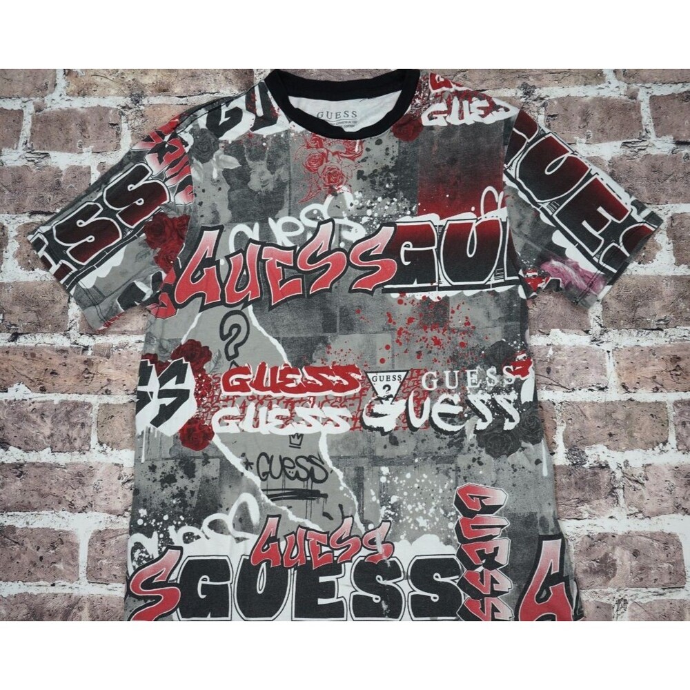 Guess T Shirt Mens M Organic Cotton Blend Graphic All Over Print Streetwear AOP